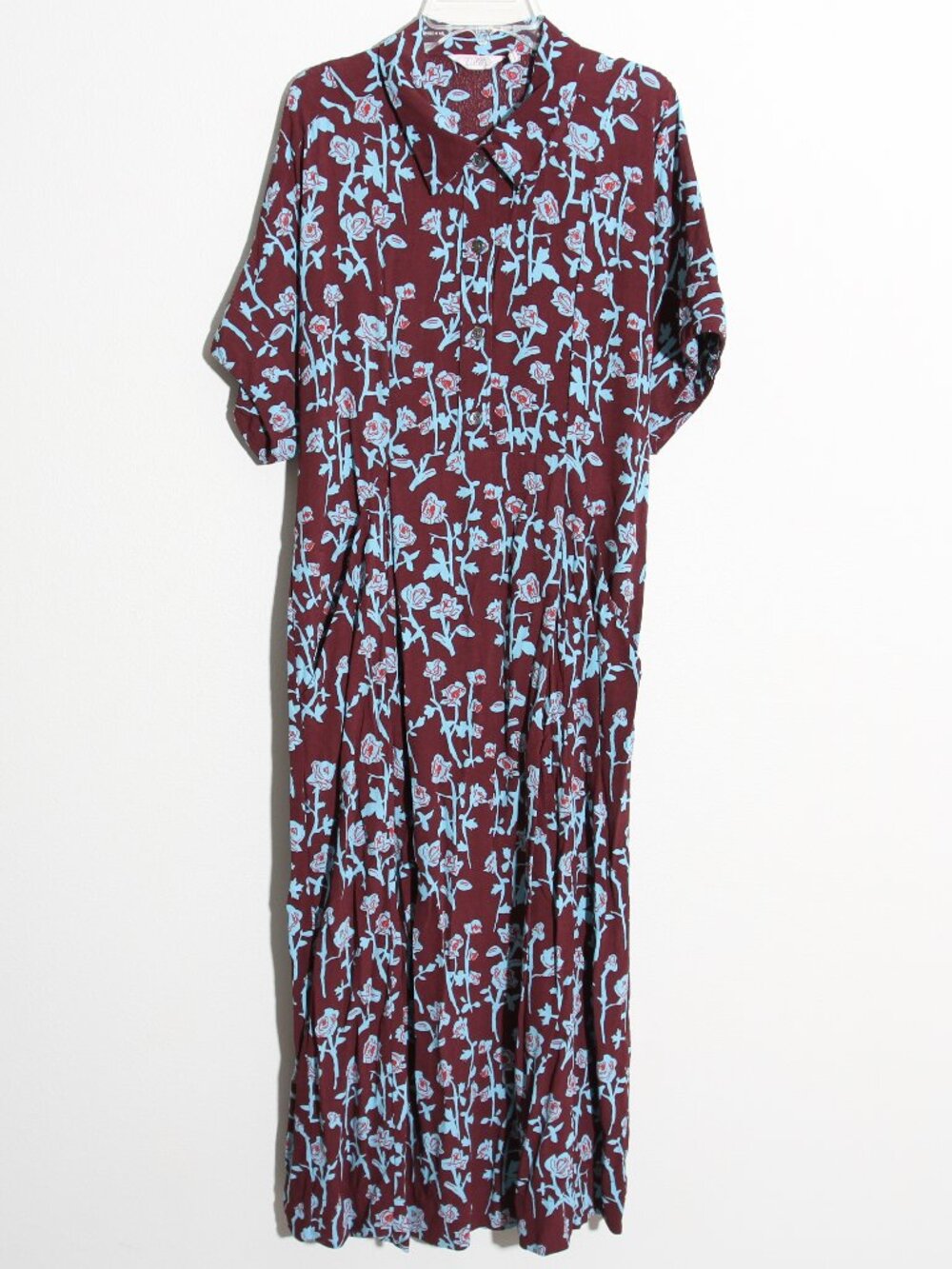 TOAST UK Rose Printed Floral Midi Dress Burgundy Blue Red Collar Button Medium